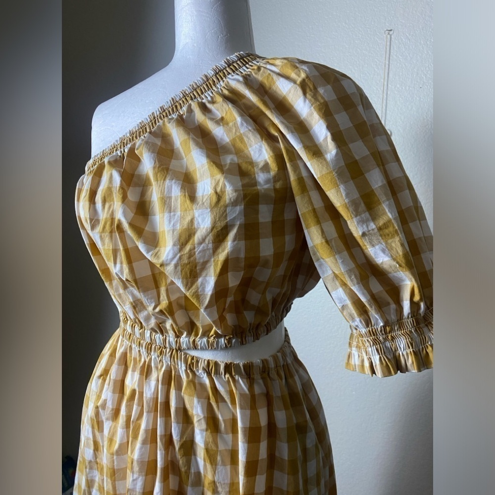 Who What Wear Cotton One Shoulder Cut Out Mustard Yellow Gingham Dress — image 5 of 8